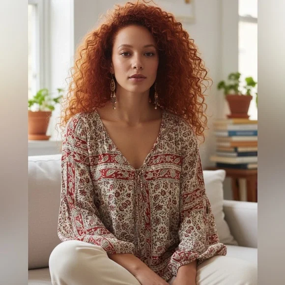 Chaser Red Off White Floral Deep V Boho Top Size M - Picture 1 of 8